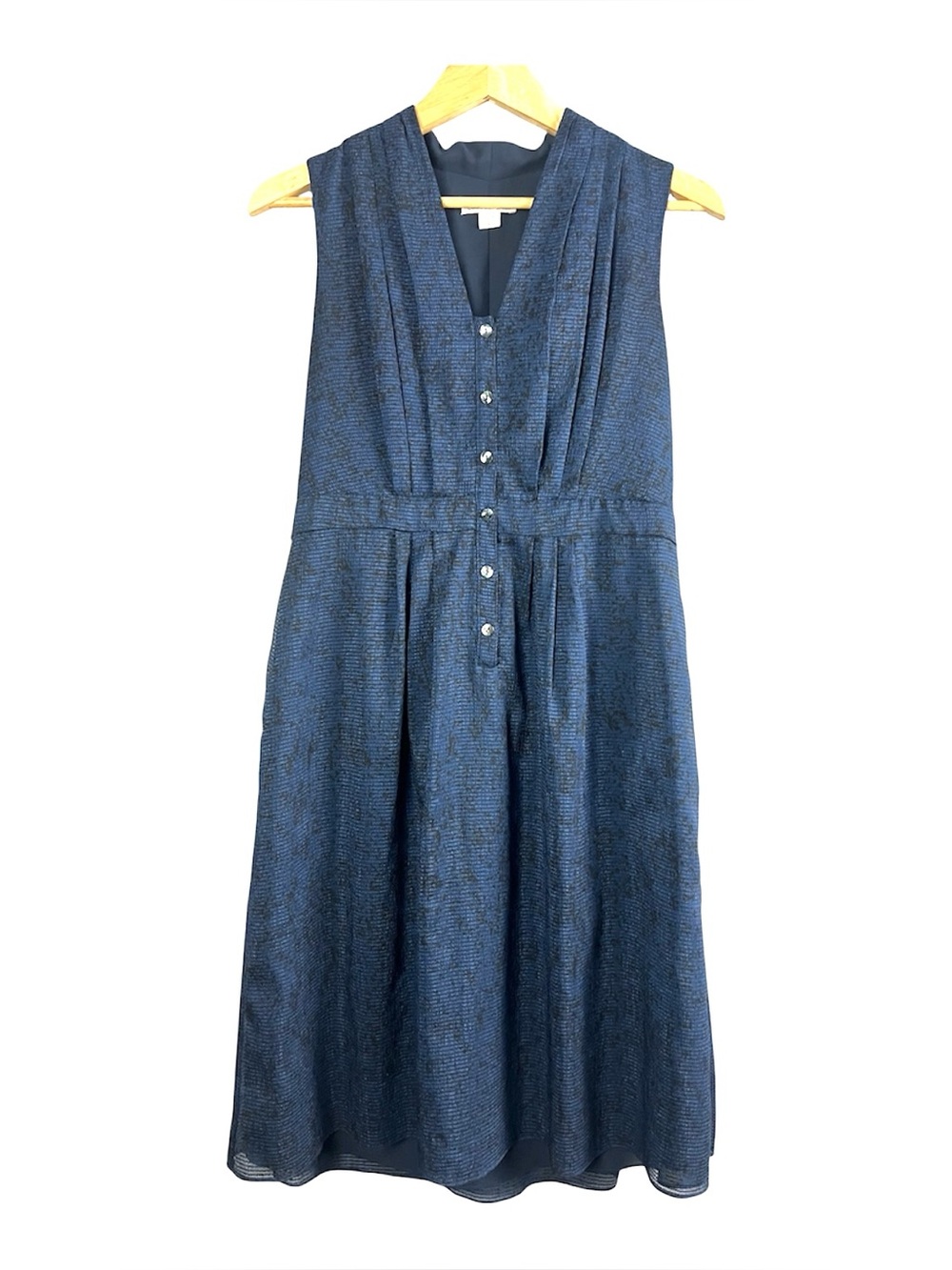 Coldwater Creek Blue Textured Midi Dress Sleeveless Button Front Pleated Size 8